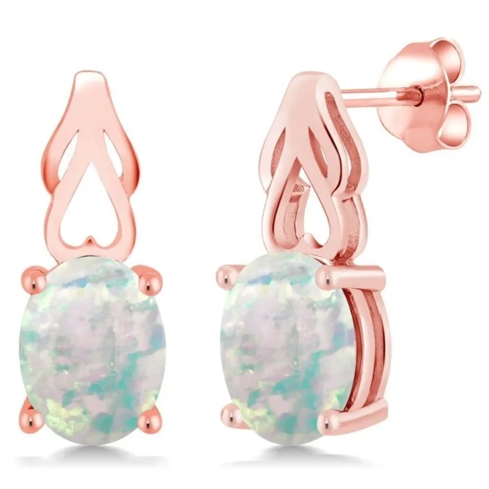 18K Rose Gold 925 with 1.20 Cttw White Opal Oval Post Back Drop Earrings